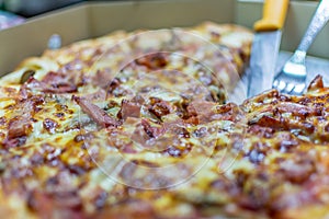 Pizza served on wooden circle board