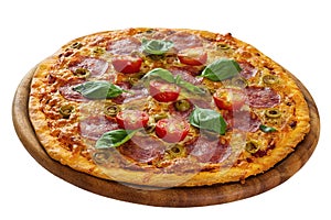Pizza served on wooden plate