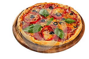 Pizza served on wooden plate