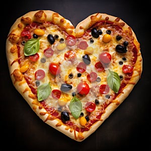 Pizza in Shape of Heart, Love Pizza, Deliciously Baked Italian Pizza with Cheese, Pepperoni, Sausage, and Fresh