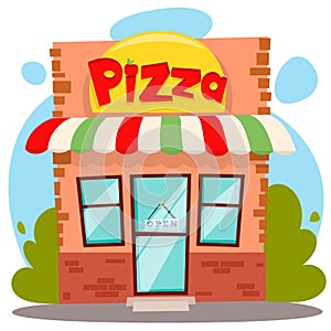 Pizza shop building or pizzeria facade flat cartoon