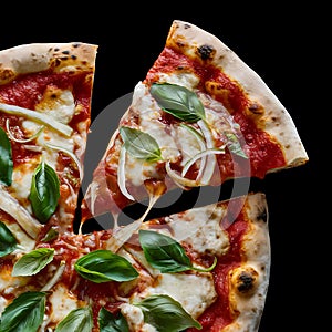 The pizza showcases a generous amount of gooey, golden cheese on a black background photo