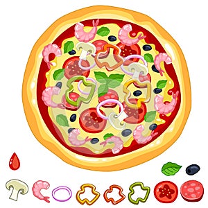 Pizza with shrimp, vegetables and salami with a little ketchup around the perimeter