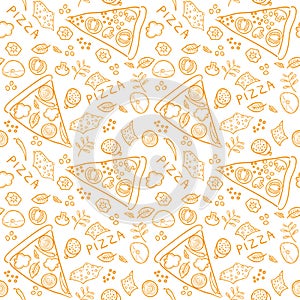 Pizza sketch ingredients - orange vector seamless pattern