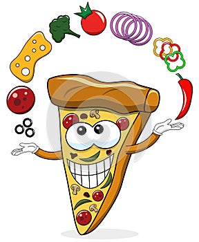 Pizza slice cartoon juggler toppings funny isolated