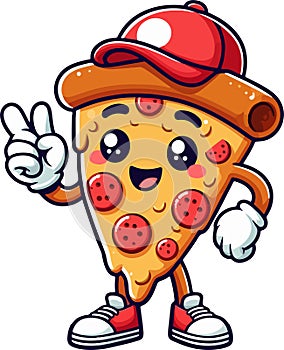 A pizza slice character in a red cap, gesturing with a friendly expression