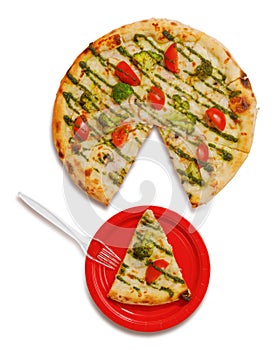 Pizza with a slice cut off on a red plate. white background