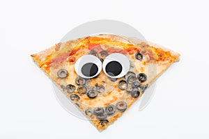 Pizza slice with googly eyes on white background