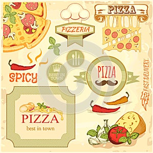 Pizza slice and ingredients background, box label packaging design