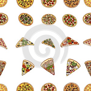 Pizza,slice with meat, cheese and other filling. Different pizza set collection icons in cartoon style vector symbol