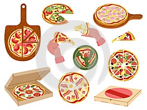 Pizza slice set, fast food and delivery pizza service. Italian cuisine, tasty fresh lunch or dinner. Take away cafe