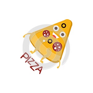 Pizza Slice Word And Corresponding Illustration, Cartoon Character Emoji With Eyes Illustrating The Text