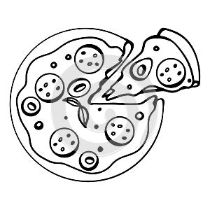 Pizza with a sliced slice with pepper, olive, pepperoni outline digital doodle art. Print for cards, banners, posters, menus, rest