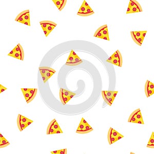Pizza slices with sausage and cheese pattern background. Appetizing pizza slices seamlesss pattern.