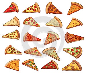 Pizza slices set in flat cartoon style. Sliced cuisine pizzas pieces isolated on white vector illustration
