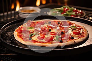 pizza stone with raw pizza in oven