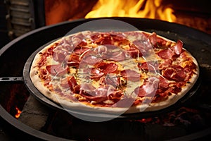 pizza stone with raw pizza in oven