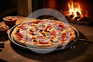 pizza stone with uncooked pizza in oven