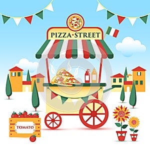 Pizza street food cart. Colorful vector illustration, cartoon style, on italian landscape.