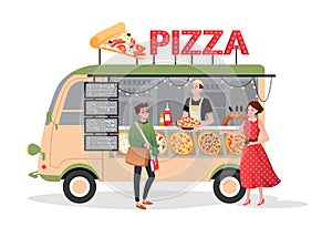 Pizza street market food truck, mini pizzeria restaurant mobile shop in van bus foodtruck