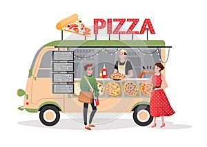 Pizza street market food truck, mini pizzeria restaurant mobile shop in van bus foodtruck photo