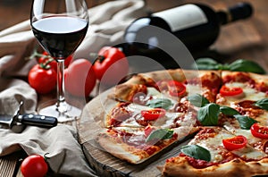 pizza is on the table with a heart and a wine bottle