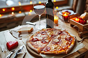 pizza is on the table with a heart and a wine bottle