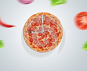 Pizza Time concept. Celebration new year, pizza as clock