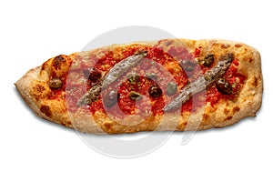 pizza with tomato sauce, anchovies and olives and capers isolated