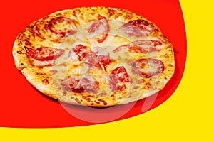 Pizza with tomatoes with cheese and salami