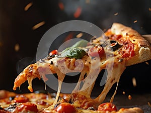 Pizza with tomatoes and mozzarella on a dark background.