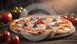 Pizza with tomatoes and olives on dark rustic wood setting