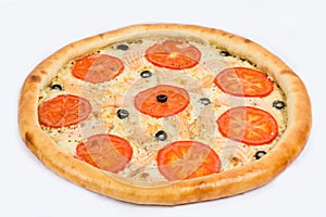 Pizza with tomatoes, olives, fish on a white background