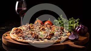Pizza Topped With Cheese and Meats Served With Red Wine. Generative AI.