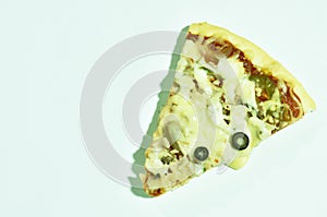 Pizza topping chicken and black olive with cheese on white background