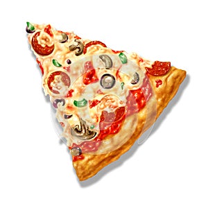 Pizza triangle shape, with mozzarella cheese and several ingredients on it. photo