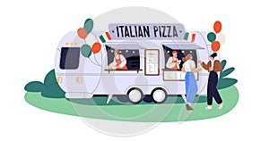 Pizza truck. Italian food, mobile cafe van. Happy people customers buying fast food. Women talking to vendor at street photo