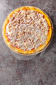 Pizza Tuna is an unusual and tasty combination of tomato sauce, canned tuna, mozzarella cheese and red onion close-up on a wooden
