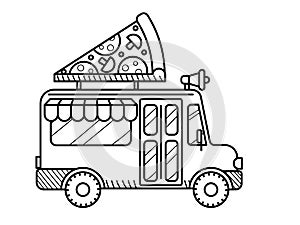 Pizza van coloring page. Cartoon food truck