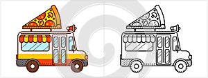 Pizza van coloring page for kids. Cartoon truck
