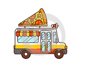 Pizza van icon. Cartoon food truck isolated white