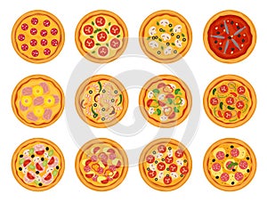 Pizza vector italian food with cheese and tomato in pizzeria or pizzahouse illustration set of baked pie in Italy