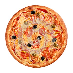 Pizza Vegetarian with tomatoes, corn, onion, green and black olives isolated on white, top view