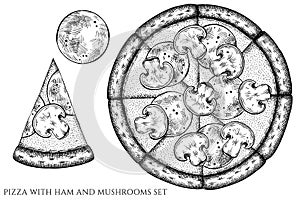 Pizza vintage vector illustrations collection. Black and white pizza with ham and mushrooms.