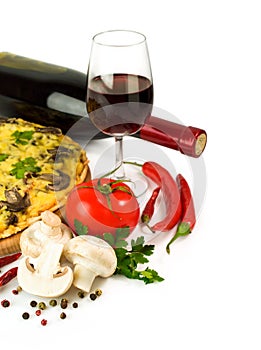 Pizza with wine and ingredients