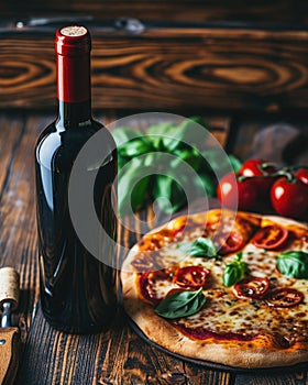 Pizza and wine on the table