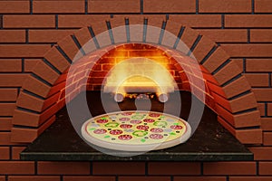 Pizza in wood burning oven - 3d render