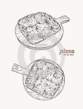Pizza on the wooden board hand draw sketch vector.