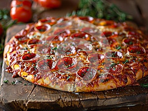 A pizza on a wooden cutting board