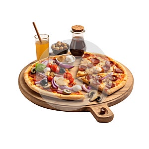 Pizza on wooden plate, delivery foods